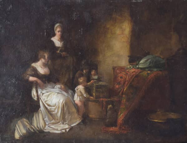 Late 18th Century Domestic scene with children feeding a bird in a cage with mother and maid. Antique Painting Antique Art 3
