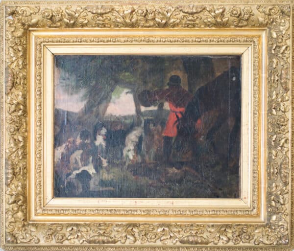 A Good Quality study of a hunting scene. 19th Century. Oil on Canvas. animals painting Antique Art 4