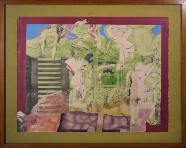 Surreal Drawing with House and Figures by Gustavo Carbó Berthold abstract figures Antique Art 4