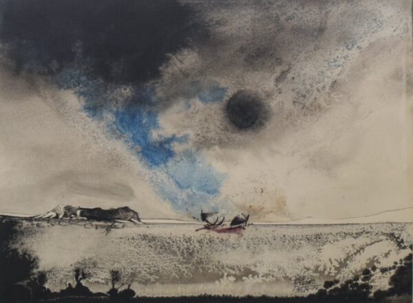 Boat on a Moonlit Seascape. Watercolour on paper black Antique Art 5