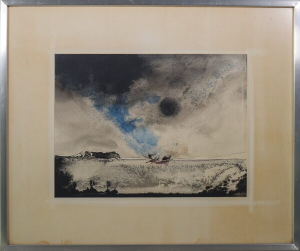 Boat on a Moonlit Seascape. Watercolour on paper - Image 2