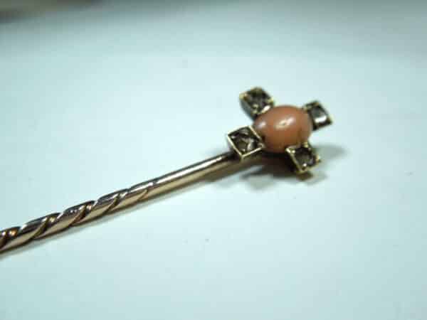 Antique Victorian period Coral and Old Cut Diamond Stickpin