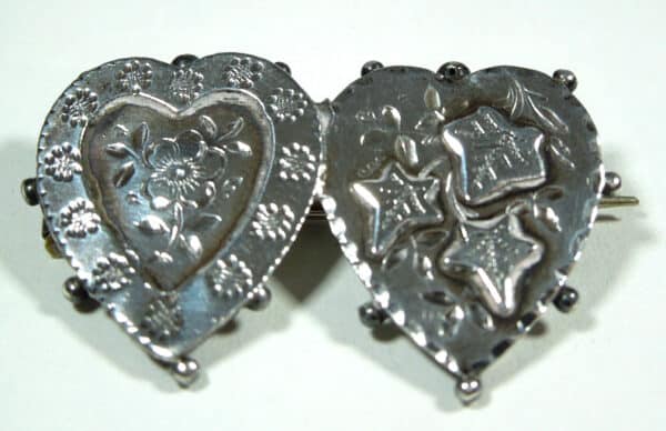 Antique Silver Double Heart Sweetheart Brooch