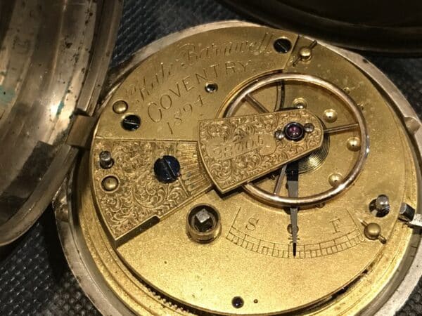 Kate Barnwell Coventry full Hunter pocket watch 1886 silver cased fusee movement - Image 5