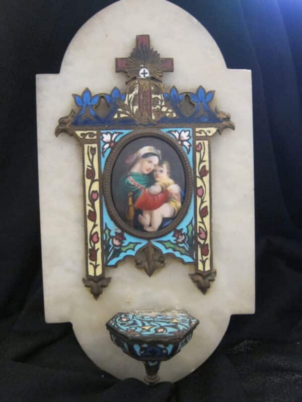 Antique French Cloissone a Marble Religious Font