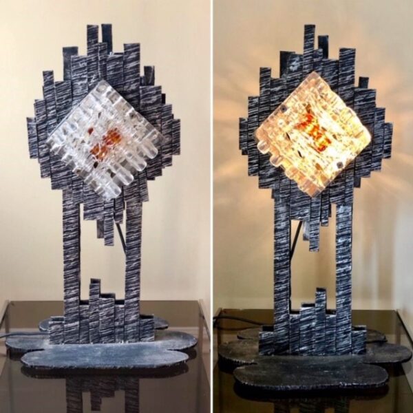 Brutalist Table Lamp, Forged Metal & “Ice Glass”; Ahlström, Albano Poli Style, Mid Century brutalist Antique Lighting 17