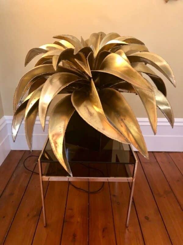 Maison Jansen Gold Brass Palm Leaf Table Lamp, Original Rare Iconic brass palm tree Antique Lighting 3