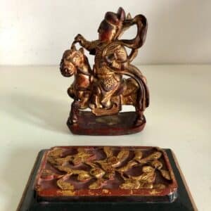 Chinese Carved Wooden Warrior on Horseback & Accompanying Panel Carved wood panel Antique Art