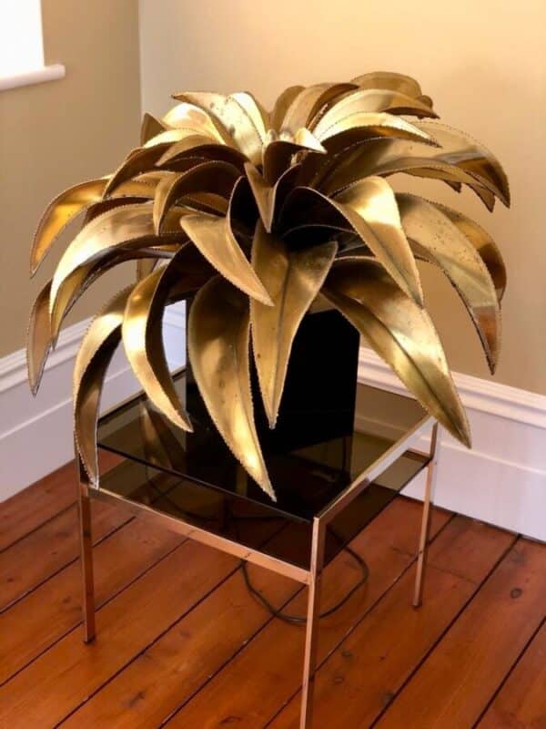 Maison Jansen Gold Brass Palm Leaf Table Lamp, Original Rare Iconic brass palm tree Antique Lighting 6