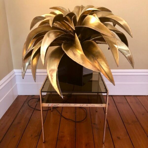 Maison Jansen Gold Brass Palm Leaf Table Lamp, Original Rare Iconic brass palm tree Antique Lighting 4