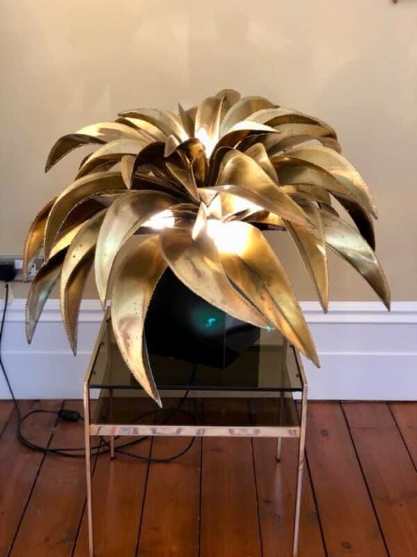 Maison Jansen Gold Brass Palm Leaf Table Lamp, Original Rare Iconic brass palm tree Antique Lighting 14