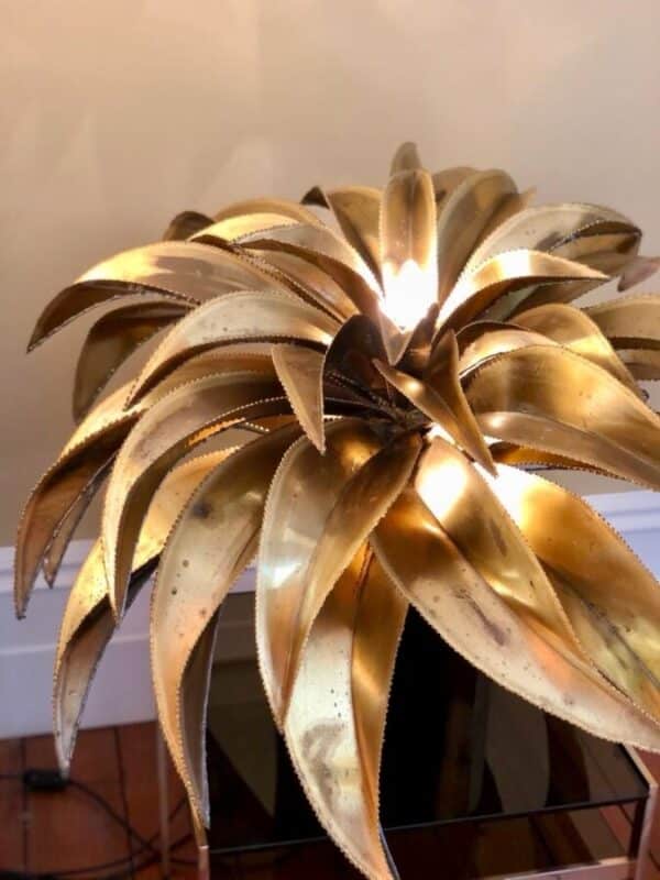 Maison Jansen Gold Brass Palm Leaf Table Lamp, Original Rare Iconic brass palm tree Antique Lighting 13