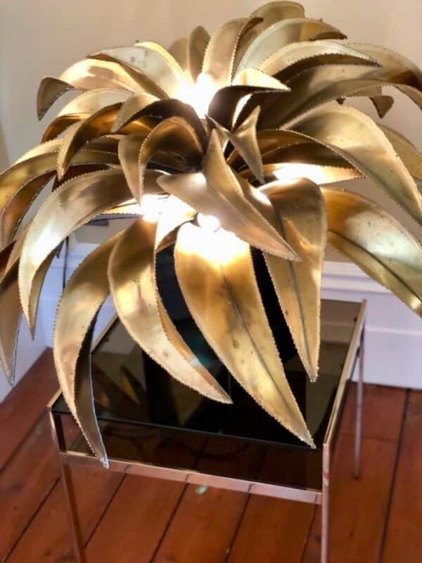Maison Jansen Gold Brass Palm Leaf Table Lamp, Original Rare Iconic brass palm tree Antique Lighting 12
