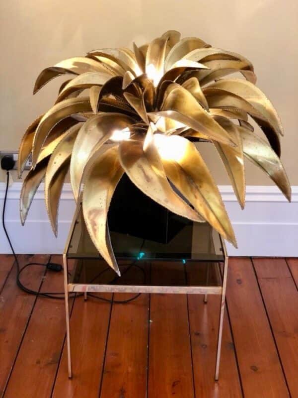 Maison Jansen Gold Brass Palm Leaf Table Lamp, Original Rare Iconic brass palm tree Antique Lighting 10