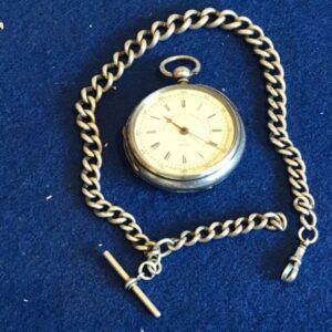 Silver cased chronograph key wind pocket watch + chain Antique Clocks
