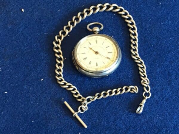 Silver cased chronograph key wind pocket watch + chain Antique Clocks 3