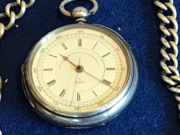 Silver cased chronograph key wind pocket watch + chain Antique Clocks 4