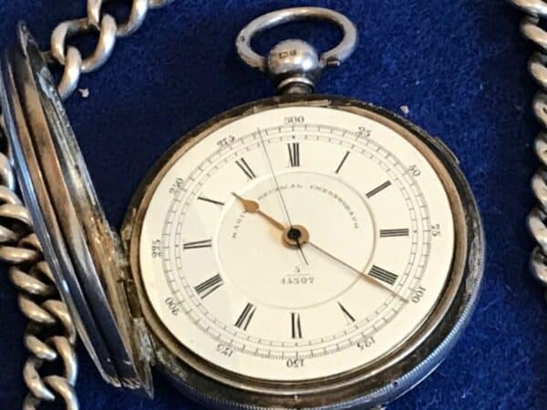 Silver cased chronograph key wind pocket watch + chain Antique Clocks 5