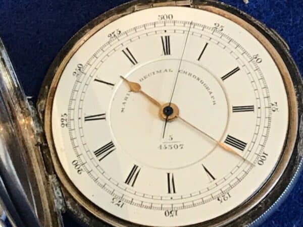 Silver cased chronograph key wind pocket watch + chain Antique Clocks 6