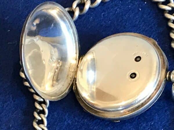 Silver cased chronograph key wind pocket watch + chain Antique Clocks 7