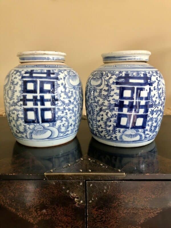 Pair Of Chinese Marriage or Ginger Jars, Double Happiness, Lidded Blue & White