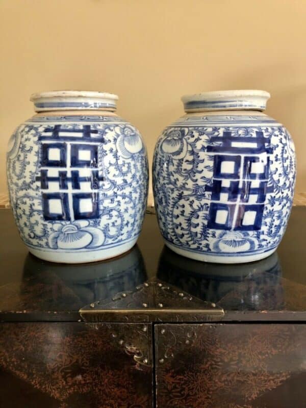 Pair Of Chinese Marriage or Ginger Jars, Double Happiness, Lidded Blue & White blue & white Antique Ceramics 3