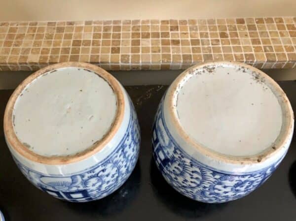 Pair Of Chinese Marriage or Ginger Jars, Double Happiness, Lidded Blue & White blue & white Antique Ceramics 12