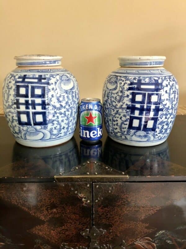 Pair Of Chinese Marriage or Ginger Jars, Double Happiness, Lidded Blue & White blue & white Antique Ceramics 13