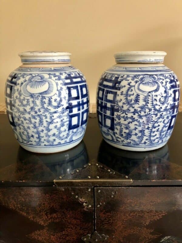 Pair Of Chinese Marriage or Ginger Jars, Double Happiness, Lidded Blue & White blue & white Antique Ceramics 4