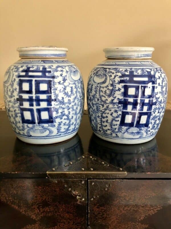 Pair Of Chinese Marriage or Ginger Jars, Double Happiness, Lidded Blue & White blue & white Antique Ceramics 5