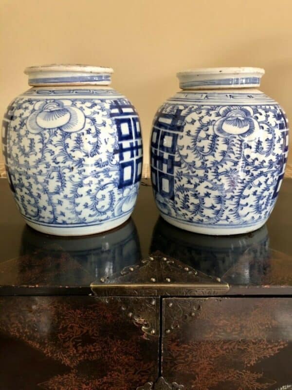 Pair Of Chinese Marriage or Ginger Jars, Double Happiness, Lidded Blue & White blue & white Antique Ceramics 6