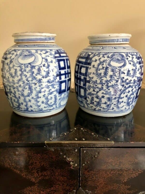 Pair Of Chinese Marriage or Ginger Jars, Double Happiness, Lidded Blue & White - Image 4