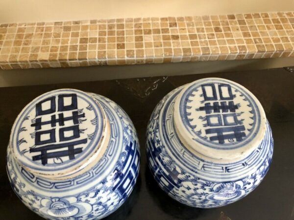 Pair Of Chinese Marriage or Ginger Jars, Double Happiness, Lidded Blue & White blue & white Antique Ceramics 7