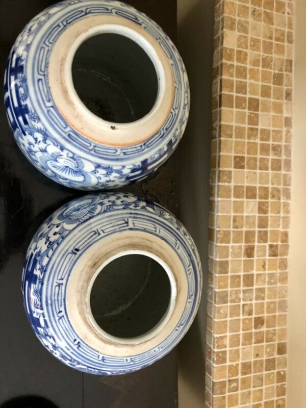 Pair Of Chinese Marriage or Ginger Jars, Double Happiness, Lidded Blue & White blue & white Antique Ceramics 9