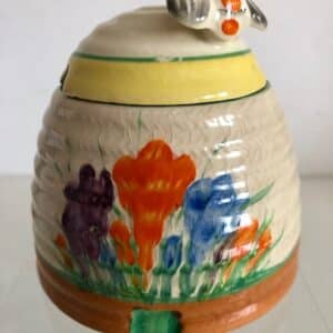 Clarice Cliff Crocus Honey Bee Honey Pot Newport Pottery, Art Deco Antique Sugar Tongs Antique Ceramics