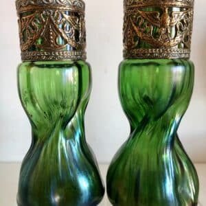 Pair of Loetz Iridescent Glass Vases Green Art Nouveau art nouveau Antique Collectibles