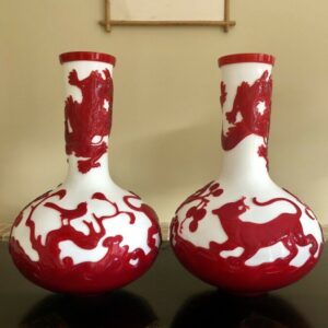 Very Large Pair of Peking Glass Vases Red & White Overlay Cameo Design cameo glass Antique Collectibles 3