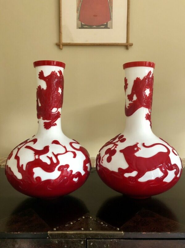 Very Large Pair of Peking Glass Vases Red & White Overlay Cameo Design