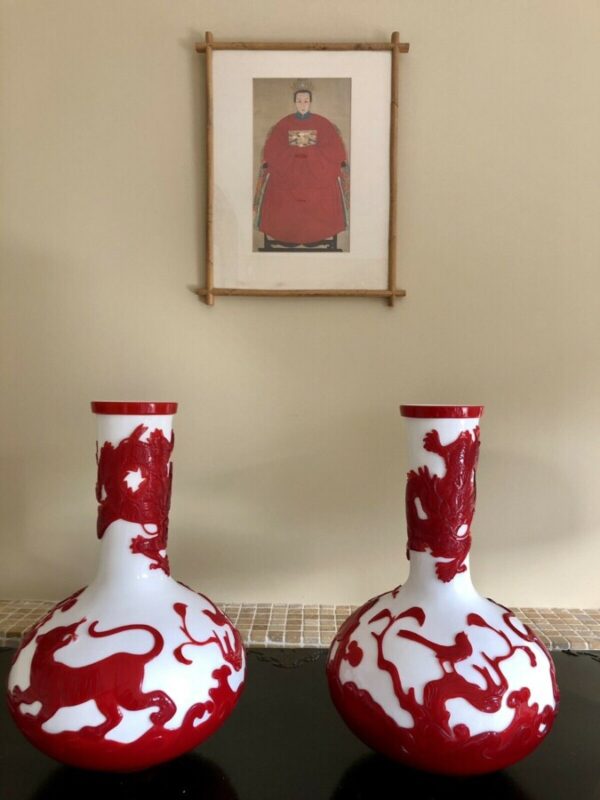 Very Large Pair of Peking Glass Vases Red & White Overlay Cameo Design - Image 10