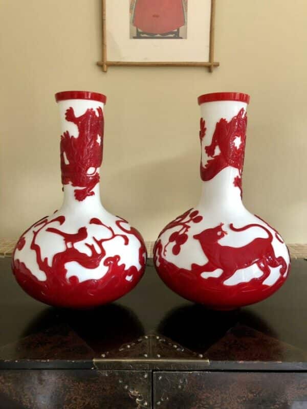 Very Large Pair of Peking Glass Vases Red & White Overlay Cameo Design - Image 2