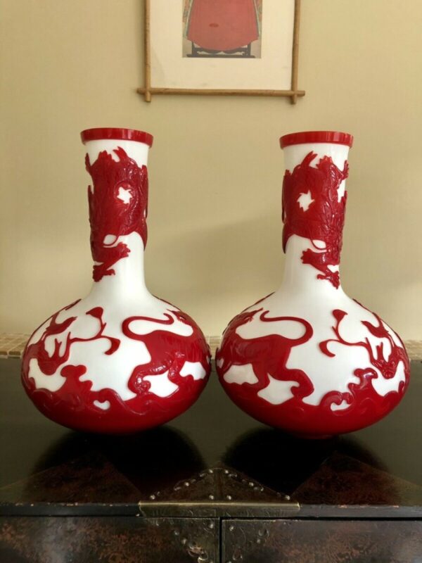 Very Large Pair of Peking Glass Vases Red & White Overlay Cameo Design cameo glass Antique Collectibles 5