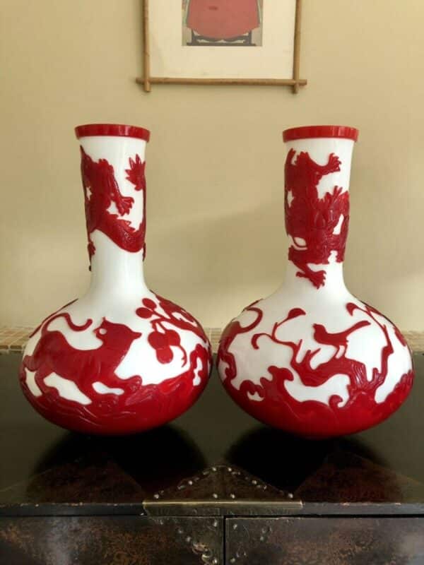 Very Large Pair of Peking Glass Vases Red & White Overlay Cameo Design cameo glass Antique Collectibles 6
