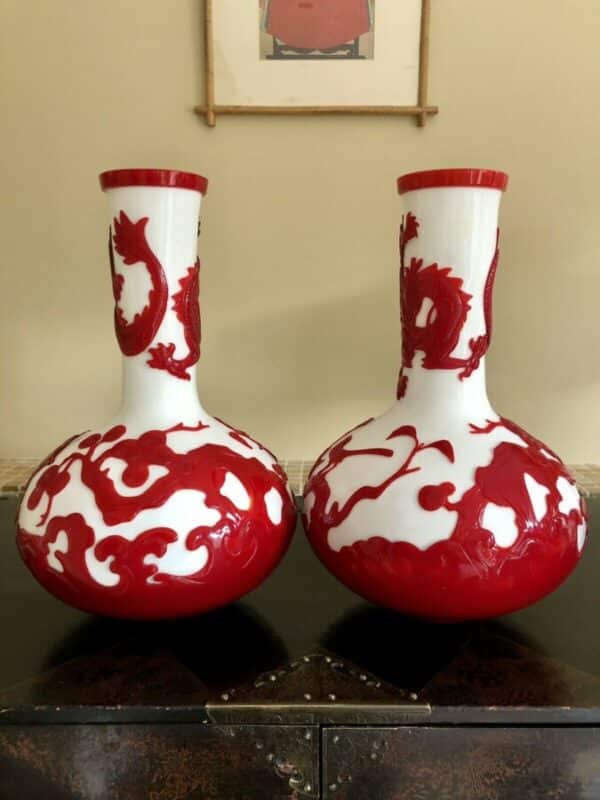 Very Large Pair of Peking Glass Vases Red & White Overlay Cameo Design cameo glass Antique Collectibles 7