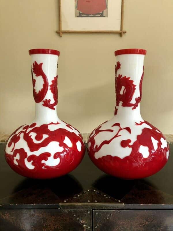Very Large Pair of Peking Glass Vases Red & White Overlay Cameo Design - Image 5