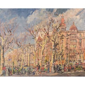 Barcelona Street Scene, ‘Passeig de Gràcia. Plaça de Catalunya’ – Oil on Canvas Barcelona Antique Art