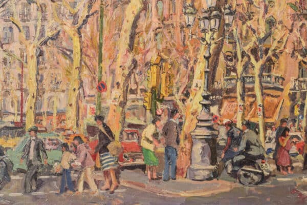 Barcelona Street Scene, ‘Passeig de Gràcia. Plaça de Catalunya’ – Oil on Canvas Barcelona Antique Art 10