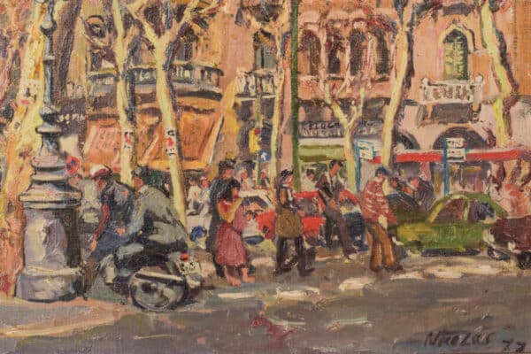 Barcelona Street Scene, ‘Passeig de Gràcia. Plaça de Catalunya’ – Oil on Canvas Barcelona Antique Art 9