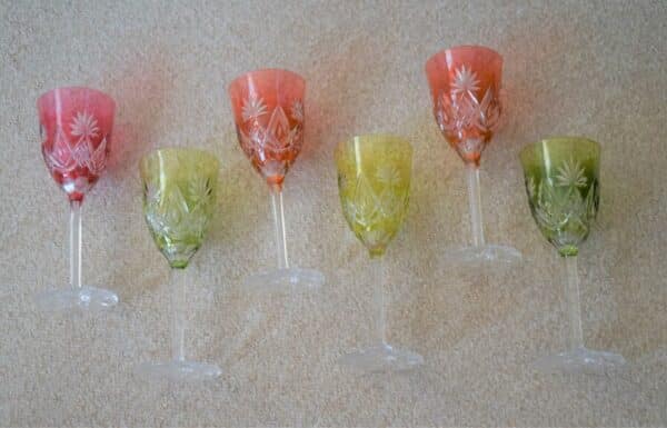 SALE - A Vintage Ornate Set of Six Bavarian Colour Hock Glasses