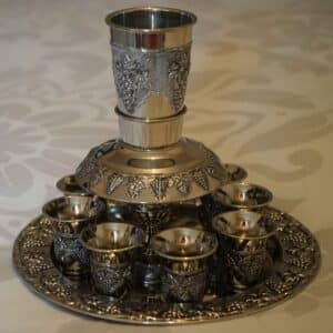 Vintage Judaica Shabbat Kiddush Cup Wine Fountain with 8 Small Kiddush Cups Becher Cup Antique Silver