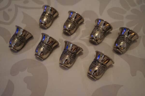 Vintage Judaica Shabbat Kiddush Cup Wine Fountain with 8 Small Kiddush Cups Becher Cup Antique Silver 10